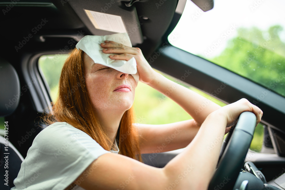 Naklejka premium Beautiful young girl driver with with her white car warm state