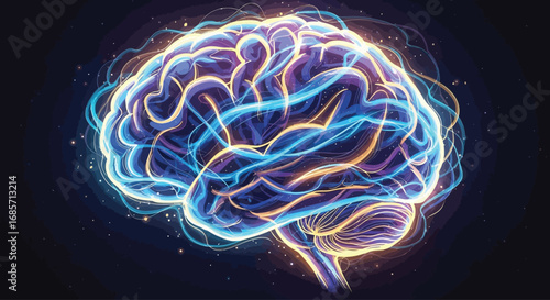 Luminous human brain illustrating consciousness and neural activity.