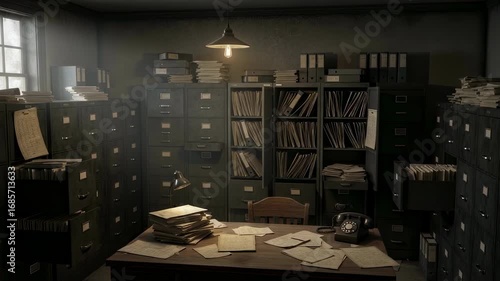 Dust, reports, and filing cabinets in an administrative office, representing the concept of bureaucracy and vast information storage footage.