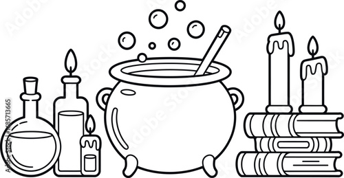 Halloween themed illustration with a cauldron potion bottles candles and books