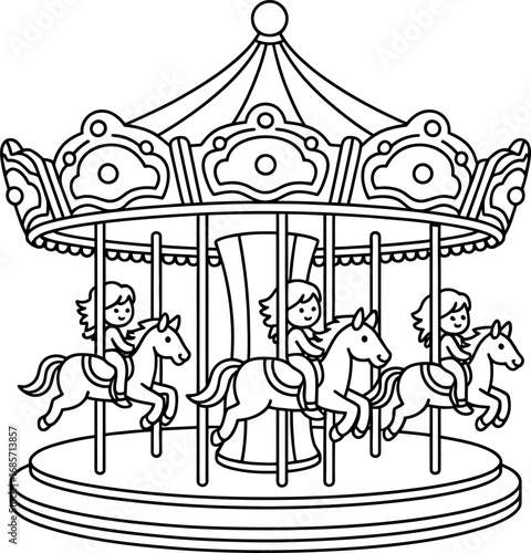 Outlined Childrens Carousel with Horses for coloring book or page