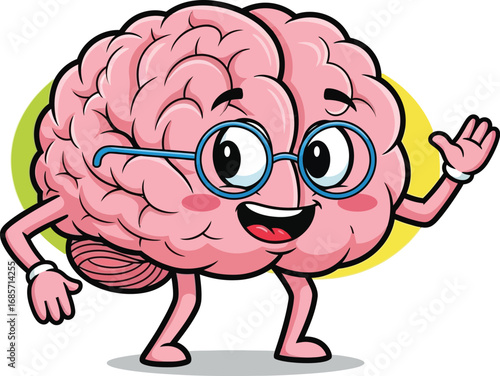 Smart cartoon brain character with glasses waving hello.