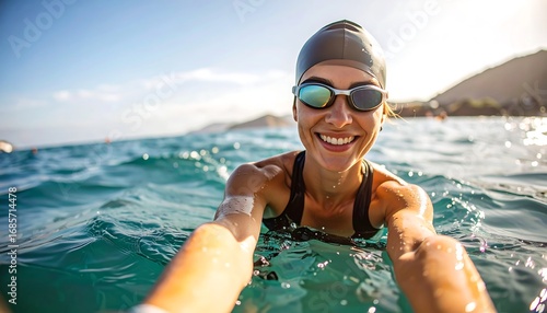 Smiling woman in swim cap and goggles in ocean, sun reflecting off water's surface