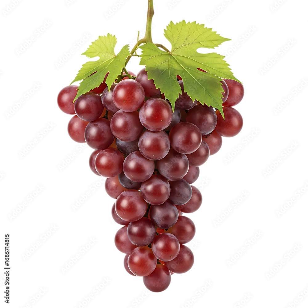 Fototapeta premium Bunch of red grapes with green leaves isolated on transparent background