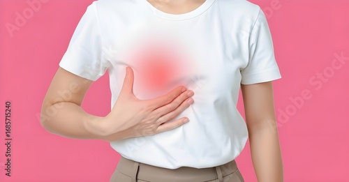 Woman highlighting breast area with a red glow, representing pain, health, or breast cancer.