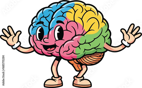 Cheerful Cartoon Brain Character with Colorful Lobes Waving.