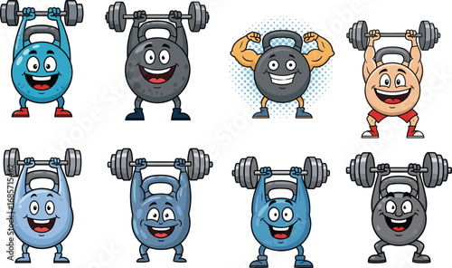 Cartoon kettlebell characters lifting barbells, strong fitness mascots, cute gym weights, funny workout illustrations, strength training vector, healthy exercise concept, comic style