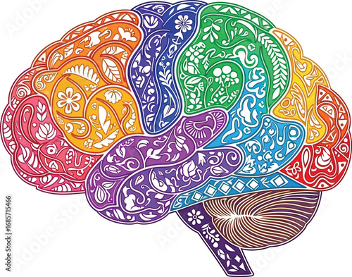 Colorful Artistic Human Brain Illustration with Floral Patterns.