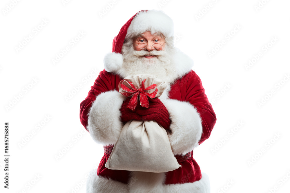 Naklejka premium A Christmas Santa Claus holding a gift bag, isolated on a transparent background.