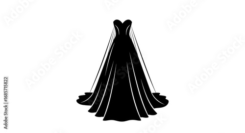 Black evening gown illustration with flowing skirt and elegant design  