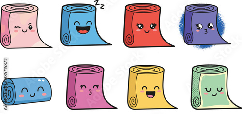 Cute cartoon yoga mats collection with happy facial expressions, colorful rolled mats vector illustration for kids, fitness, meditation, relaxation, and fun designs