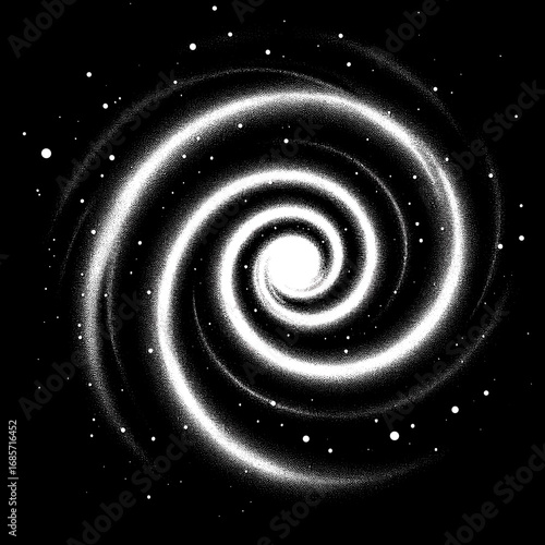 Black and white spiral galaxy vector illustration with swirling patterns and stars