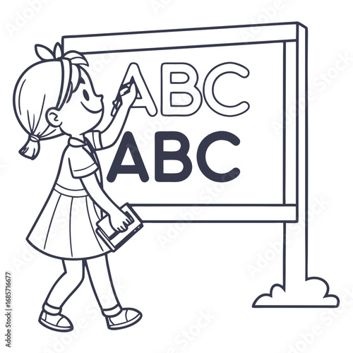Cute girl writing ABCs on chalkboard ready for back to school designs and educational projects