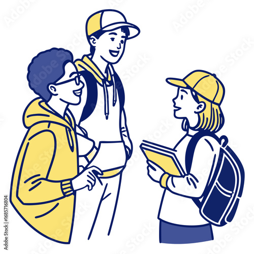 Diverse young students collaborating on project with books and backpacks outdoors modern illustration