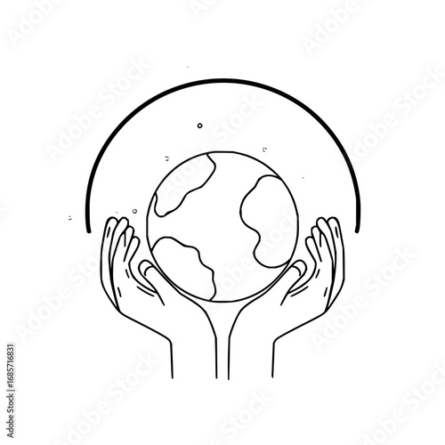 Illustration of hands holding the earth with an arc above representing protection and care for the planet