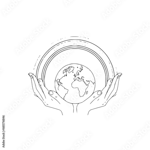Hands holding the earth globe with continents inside of a circular frame in a line drawing style