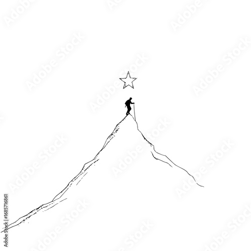 A minimalist drawing of a hiker on a mountain peak reaching for a star in a black and white illustration