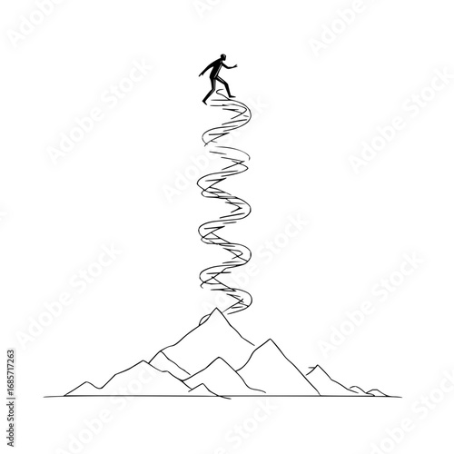 A person walking on a dna strand rising from mountain peaks in a black and white minimalist illustration