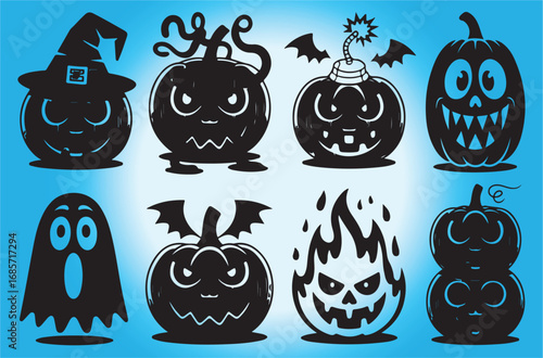 Spooky Silhouette: An eye-catching illustration showcases an array of Halloween silhouettes, featuring eerie ghosts, pumpkins and the iconic Halloween witch's hat. Designed with vector-style graphics.