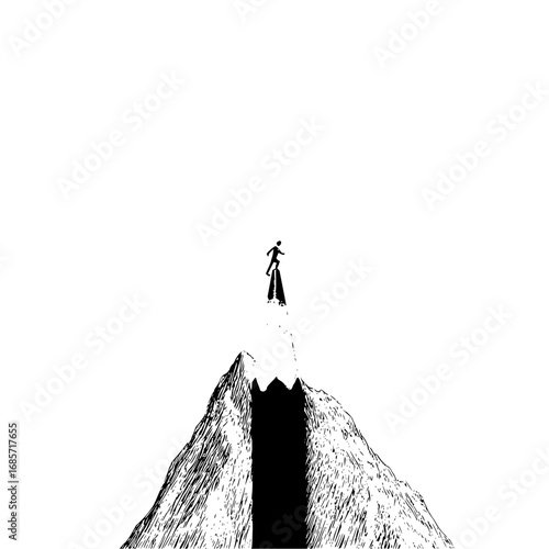 Silhouette of a person standing atop a mountain peak with a dark crevice in a minimalist drawing style