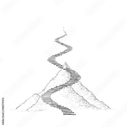 Illustration of a mountain with a winding staircase leading to the top in black and white drawing style