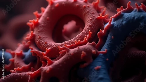 Microscopic Ring-Shaped Cell Structures – 3D Biomedical Rendering in Red and Blue