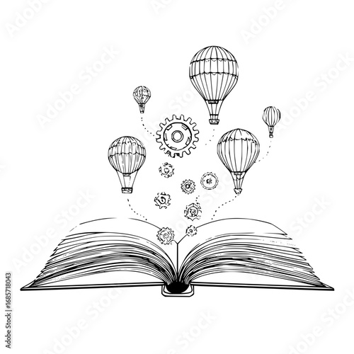 Open book with hot air balloons and gears floating above it in a black and white drawing style image