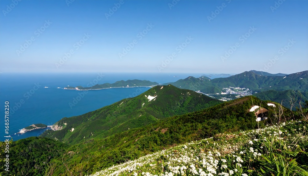 Fototapeta premium Panoramic mountain vista overlooking a coastline
