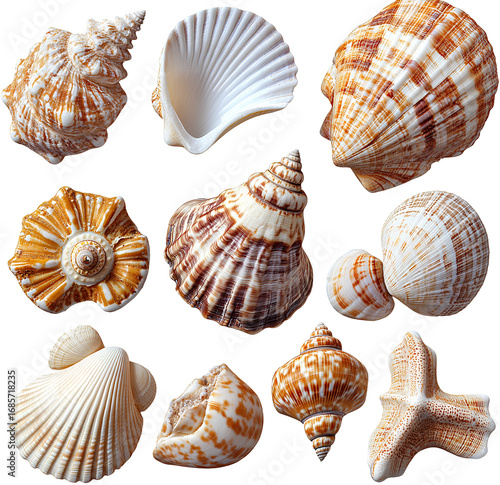 seashells, transparent background, png file with separate images of each shell.