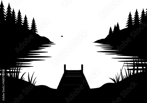 "Serene Lake Dock – Nature Silhouette Landscape"