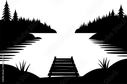 "Serene Lake Dock – Nature Silhouette Landscape"