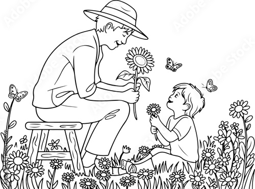 Garden of Moments" Mother and Child, Garden, Flowers, Vector Bundle