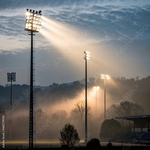 Dramatic Sunrise: Stadium Lights Pierce Morning Mist - Epic Sports Venue Photography