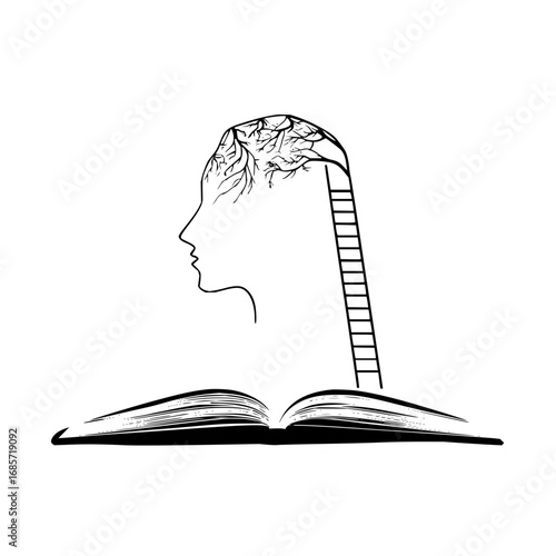Stylized image depicting a head with tree roots for brains and a ladder leading up from an open book
