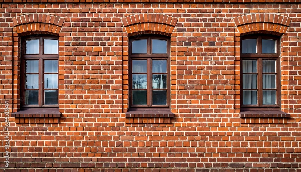 Obraz premium A close-up shot of a weathered brick building facade featuring three arched-top windows