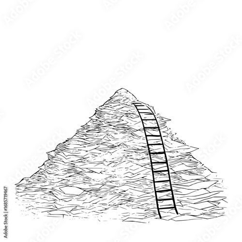 A large pile of papers stacked high with a ladder leaning against it in a black and white drawing style