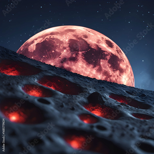 Crimson Planet: Glowing Lava Pits on a Lunar Surface, Night Sky, Astronomical Phenomenon, Planetary Landscape, Space Exploration, Science Fiction Art