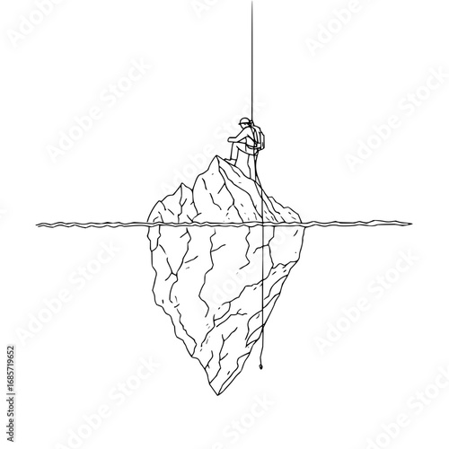 Person sitting atop an iceberg with a rope extending upwards and downwards in a black and white drawing