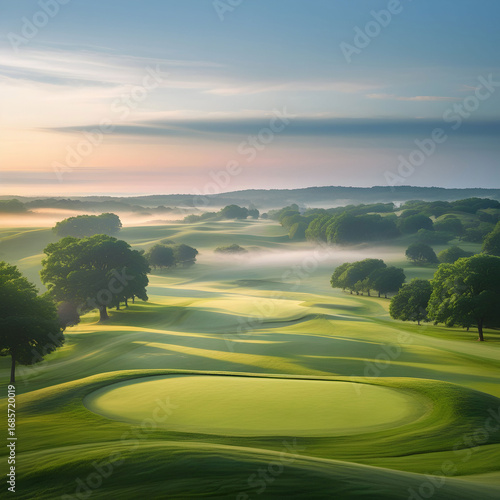 Stunning Sunrise Golf Course Landscape: Scenic Greens, Rolling Hills, and Morning Mist