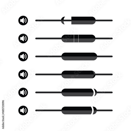 Set of six audio speaker volume control sliders with clear visual indicators