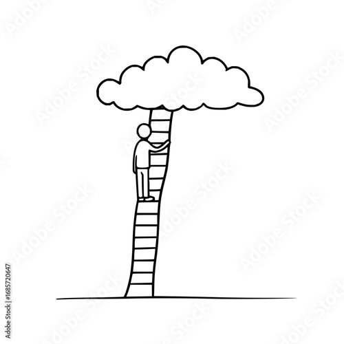 Person climbing ladder towards a cloud in a simple black and white line drawing on a white background