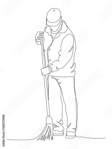 Man janitor sweeping street with broom. Cleaning service. Continuous line drawing. Black and white vector illustration in line art style.