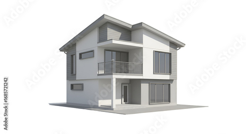 Modern Two-Story House with Balcony and Large Windows
