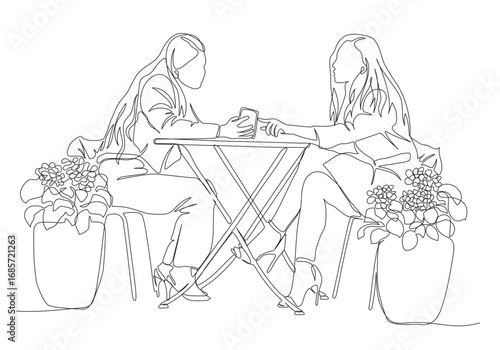 2 women at street cafe table using mobile phone. Selecting menu items with mobile app. Side view. Continuous line drawing. Black and white vector in line art style.
