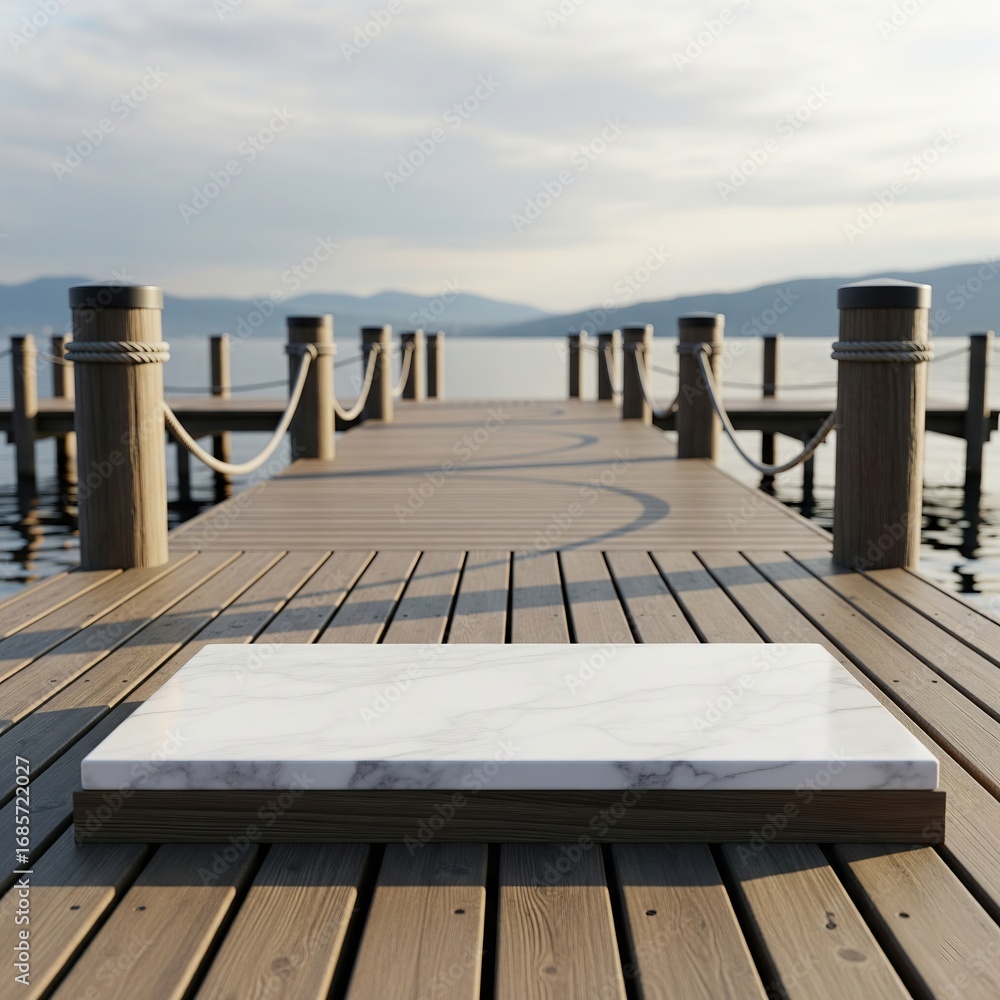 Obraz premium Wooden Pier with Marble Display Surface, Tranquil Lake Background, Product Showcase Concept
