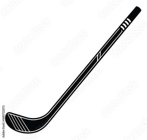 A hockey stick and puck lie isolated on a white background, a sharp black blade resting against the iron shaft
