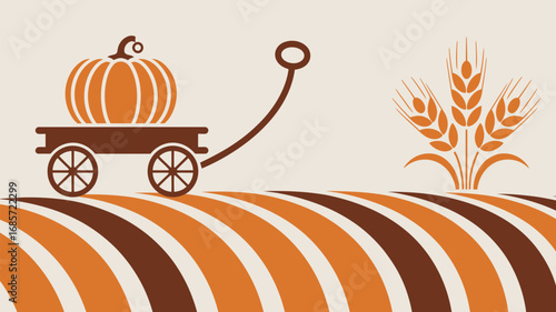 Pumpkin wagon wheat field harvest autumn fall thanksgiving seasonal graphic art