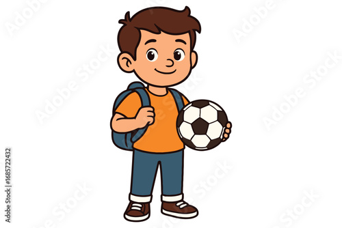 Happy young boy with backpack and soccer ball ready for school