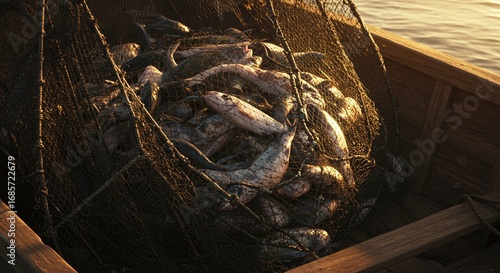 Close of wooden boat with net full of fish, symbolizing Christian fishing and faith