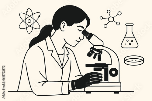 Scientist examining sample under microscope surrounded by scientific symbols
